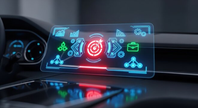 Digital display with target and business icons on a car dashboard showing futuristic technology