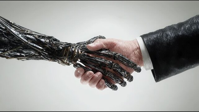 A person engaging with a robot in a collaborative setting representing digital trade negotiation processes. Human-AI Handshake Collaboration &ndash; Animated Video Version