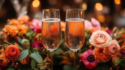Two Champagne Flutes Filled with Sparkling Champagne: Surrounded by Vibrant Flower Arrangement (Orange/Pink/Red Blooms & Green Leaves), Warm Bokeh Background