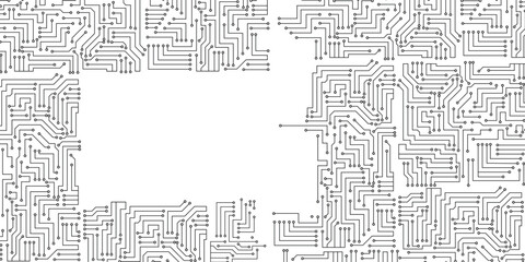 Circuit board pattern. Technology texture, digital tech lines and dots. Copy space for text. Seamless circuit board. Vector art
