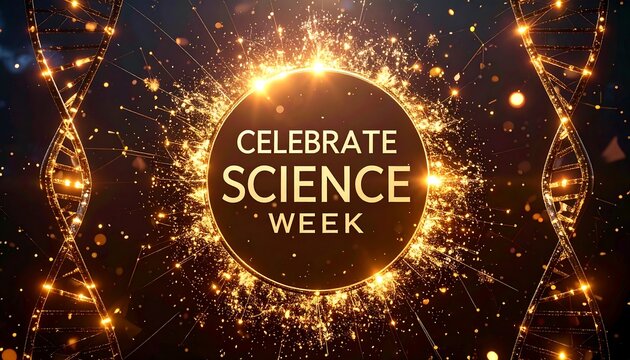 Gold text "CELEBRATE SCIENCE WEEK" within a circle of golden sparks and glitter, surrounded by double helix DNA strands