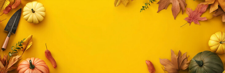 Autumn Harvest: Pumpkins, Leaves, and Gardening Tools on Yellow Background