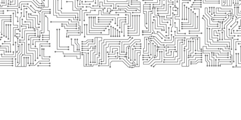 Fototapeta premium Seamless circuit board. Digital technology electrical scheme printed motherboard computer chip electronic equipment pattern texture.