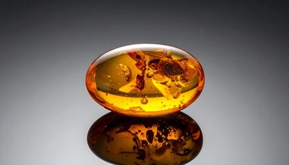 Polished amber stone with inclusions, reflecting on dark surface
