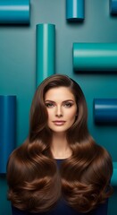 Obraz premium A captivating woman with luxurious, flowing brown hair, set against a teal background of geometric shapes.