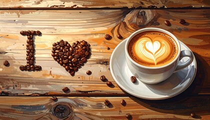Coffee cup on wooden table with heart of beans
