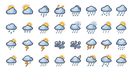 A collection of pixel art weather forecast icons showing various conditions like sun, clouds, rain, wind, and storms.