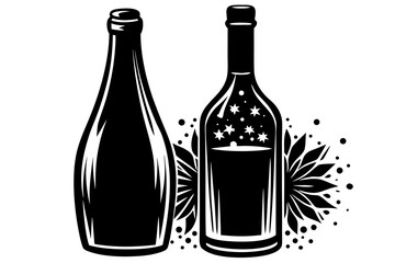 Vector art of two wine bottles with floral decoration