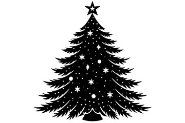 Vector art of black silhouette of a christmas tree decorated with stars and balls on
