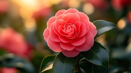 Close-Up of a Vibrant Blooming Pink Camellia: Centered on Soft Out-of-Focus Background, with Overlapping Petals & Dark Green Leaves