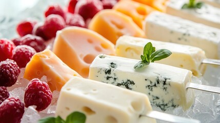 Gourmet Cheese Popsicles with Fresh Raspberries on Ice