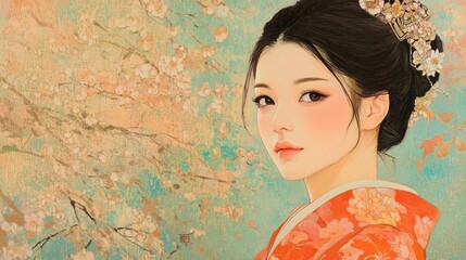 Elegant Asian Woman in Cherry Blossom Kimono