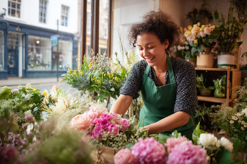 Happy smiling female florist arranging flowers in a shop