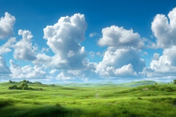 Fototapeta premium Lush green hills under a bright blue sky with fluffy white clouds.