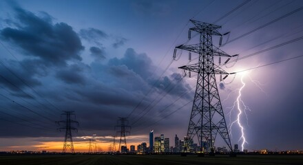 Dramatic skyline with lightning strike and power lines at dusk near cityscape