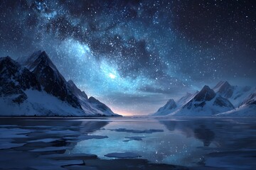 Starry night over snowy mountains by moonlight.