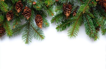Christmas Pine Branches and Cones on White Background.