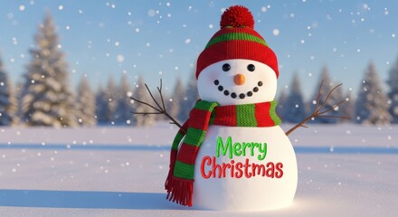Obraz premium Cheerful snowman with winter hat and scarf in a snowy landscape