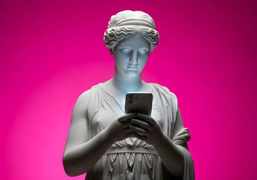 Modernity meets antiquity: classical statue engages with technology against a vivid pink backdrop for contemporary design - Powered by Adobe
