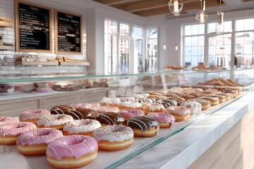 Bright, inviting donut shop with glass display cases.