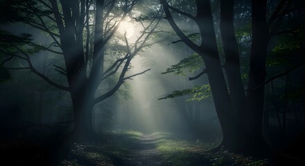 Mystical sunrise in enchanted forest with sunlight streaming through trees