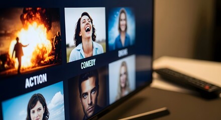 Diverse entertainment on television screen featuring action and comedy genres for home viewing experience
