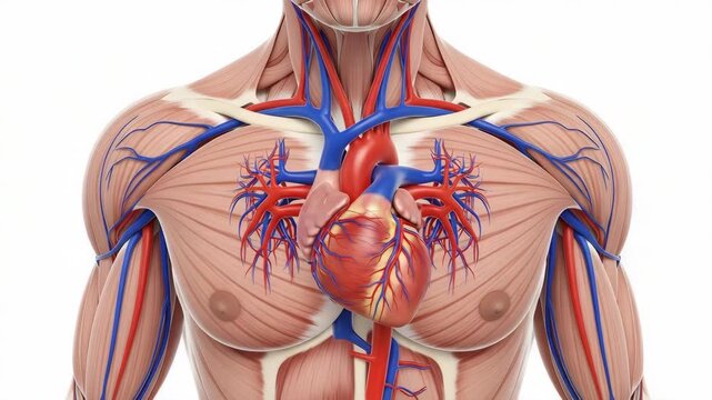 Anatomical Heart Illustration with Visible Muscles and Blood Vessels