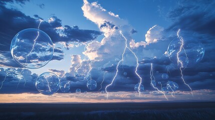 A blue hour sunset sky landscape photo. Under the white, puffy, thin clouds, water bubbles floated in the air far behind. 