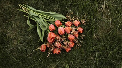 a bouquet of tulips on the grass -