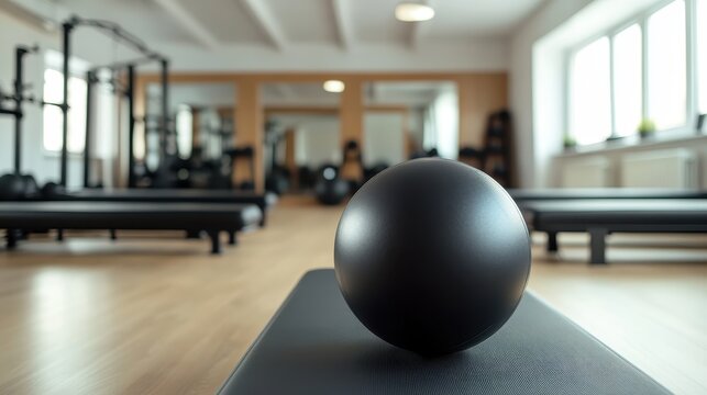 Black Exercise Ball in Modern Fitness Studio with Equipment