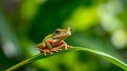 Tree frog perched on tropical leaf, wildlife in natural habitat.
