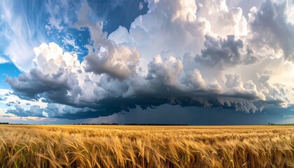 Stunning panoramic view of a wheat field under a dramatic sky with epic storm clouds and vibrant sunlight, perfect for commercial use
