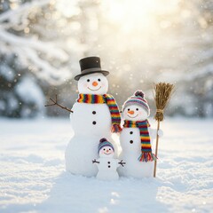 Snowmen family standing together in winter snow with sunlight  