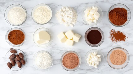Assorted Cooking Ingredients in Glass Bowls on Marble Surface