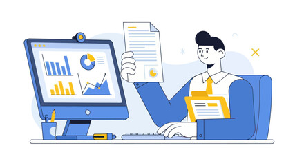A businessman at his desk analyzes financial data charts on a computer while holding a report.