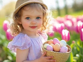 A cute little girl with golden curls and blue eyes, wearing a lavender bunny dress and standing in a tulip garden, holding a straw hat f