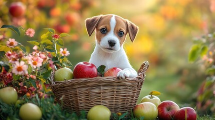 A cute, puppy sits in a basket, surrounded by apples and flowers on the green grass. 
