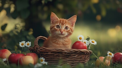 A cute, red kitten sits in a basket, surrounded by apples and daisies on the green grass. 