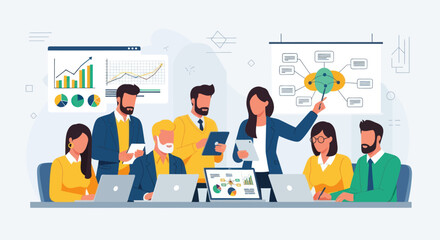 A diverse group of professionals collaborates in a modern office setting, engaged in a presentation with charts, graphs, and a digital whiteboard displaying strategic planning.