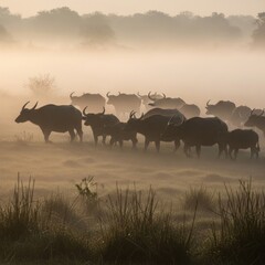 Fototapeta premium Herd of Majestic Water Buffalo Silhouetted in Golden Morning Mist, Walking Through Ethereal Grassland at Sunrise