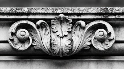 Architectural Detail: A Black and White Close-up of Intricate Stone Carving