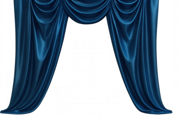 Blue satin velvet drapes creating a theater stage background, elegant luxurious curtain fabric with transparent alpha background