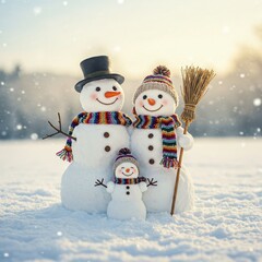 Fototapeta premium Family snowmen posing together in snowy winter landscape 