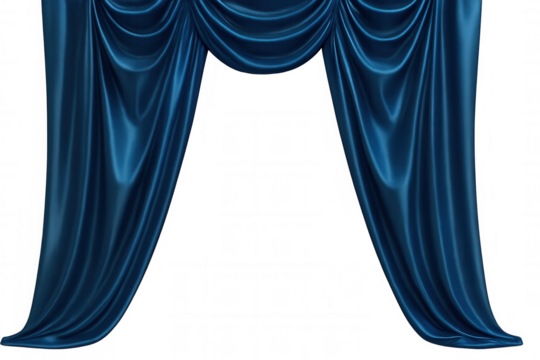 Blue satin velvet drapes creating a theater stage background, elegant luxurious curtain fabric with transparent alpha background