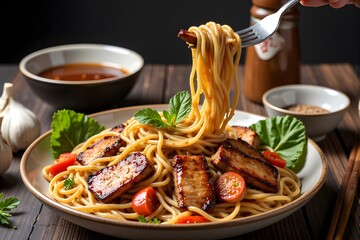Noodles with crispy tofu, cherry tomatoes, and fresh basil.