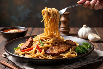 Noodles with beef, red peppers, parsley, garlic, and sauce on a dark plate.