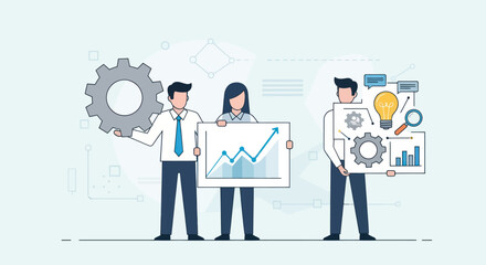 Three business professionals holding charts and gears, representing teamwork and progress in a business environment.
