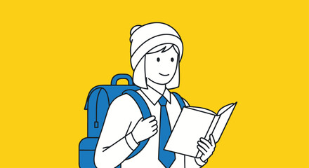 Smiling student with backpack and book, illustration on yellow background.