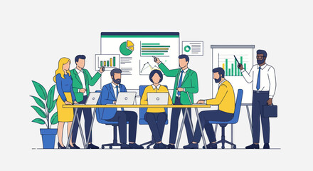 Business team collaborates, analyzing data charts during a productive meeting.