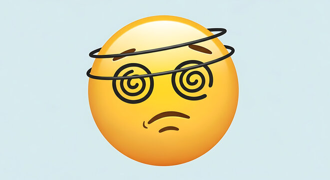 A dizzy emoji with spiral eyes and a black swirl around its head on a light blue background